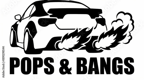 A high-contrast illustration of a modified sports car’s rear end, shooting flames from the exhaust with the iconic 