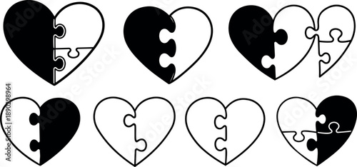 Monochrome black and white puzzle heart icons set conceptual broken and complete love symbols vector art collection