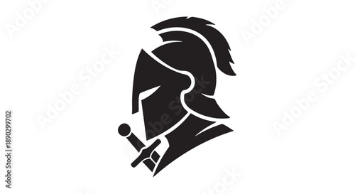 Vector illustration of a knight's helmet with a sword, symbolizing protection and strength in a minimalist design