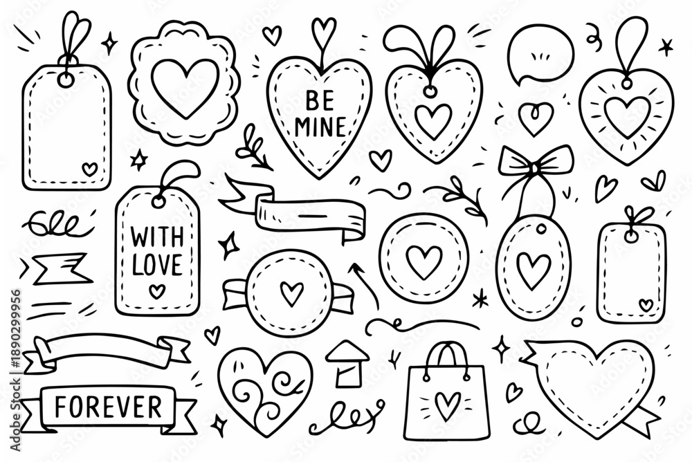 Obraz premium Hand-drawn doodle vector set of love-themed tags and labels, created in a fun, sketchy ink-pen style, isolated on white background 
