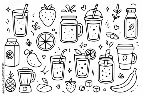 Hand-drawn doodle vector set of juices and smoothies, created in a clean, sketchy ink-pen style, isolated on white background
