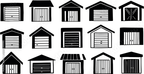 Black and white minimalist vector icons set of various garage doors with different styles and roof shapes on white background