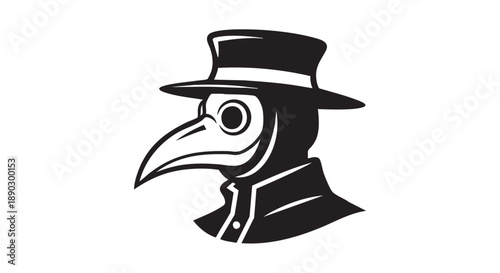 A black and white illustration of a doctor wearing a plague mask and hat viewed from the side