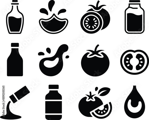 Black icons of various fruits and bottles