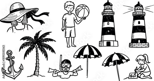Black and white hand drawn beach umbrella palm tree lighthouse anchor boy with ball and girl drawing vector art set