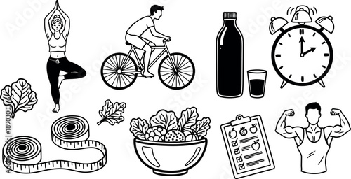 Black and white line art of yoga pose, man riding bicycle, healthy salad bowl, fitness checklist, and flexing muscle man in minimalist vector style
