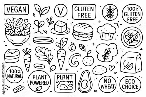 Hand-drawn doodle vector set of vegan and gluten free icons, created in a clean, sketchy ink-pen style, isolated on white background
