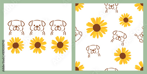Cute puppy face illustration set with sunflower elements, featuring playful dog expressions and a seamless floral pattern in warm yellow tones for nursery decor, stationery.