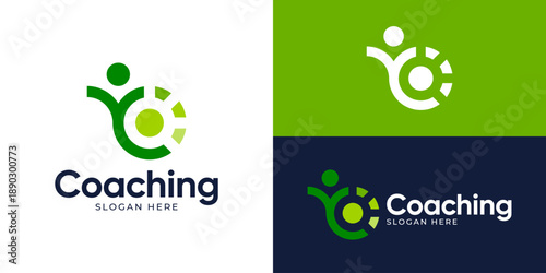 Creative simple coaching logo template. People progress logo, coach training mentor logo design vector illustration.