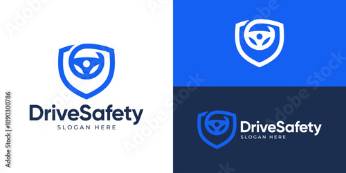 Creative simple drive safety logo template. Steering wheel with shield logo design vector illustration.