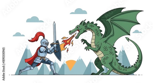 Brave Knight Fights Fierce Green Dragon Breathing Fire in Epic Fantasy Battle Scene.