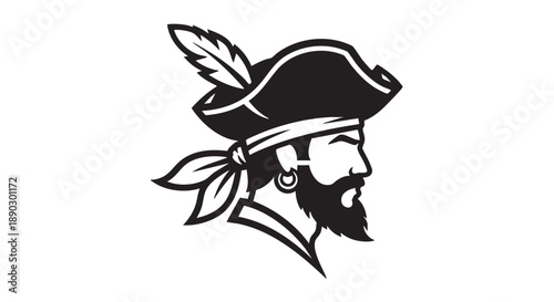 Illustration of a pirate captain's profile with a feathered hat and bandana