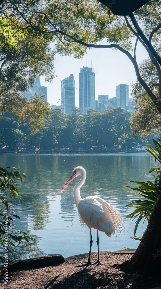 Obraz premium In the photo, an elegant white crane by a pond with city skyscrapers on the horizon emphasises the harmony between nature and urbanisation, making it an ideal atmospheric backdrop 