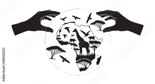 Hands protecting african wildlife and landscape in a circular eco friendly design