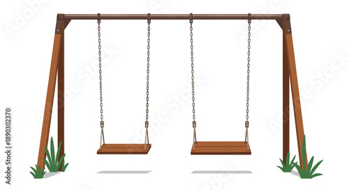Simple wooden swing set with two empty swings standing idly in a small patch of green grass on a white background.