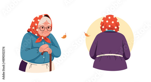 Elderly woman in a traditional red headscarf with glasses and a walking stick shown from both front and back views.
