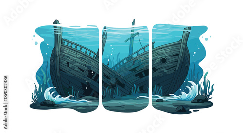 Panoramic triptych view of a weathered sunken wooden ship resting on the ocean floor amidst swaying seaweed and gentle waves.