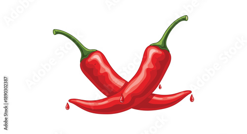 Fiery red chili peppers crossed over each other with spicy drops of liquid visibly dripping from their tips.
