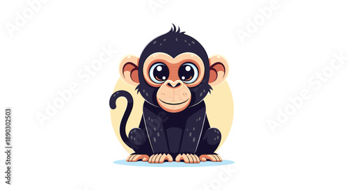 Adorable cartoon baby chimpanzee with large expressive eyes sitting and smiling sweetly on a white background.