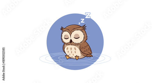 Adorable cartoon owl peacefully sleeping with closed eyes surrounded by gentle ripples on a soothing blue circular background.