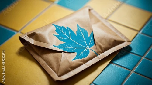 Video A brown paper bag with a single blue leaf attached, ideal for use in environmental or nature-related contexts