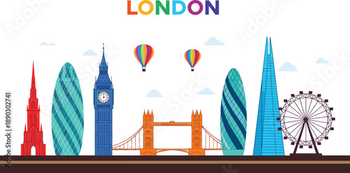Colorful London skyline illustration with iconic landmarks hot air balloons isolated white background modern flat vector design