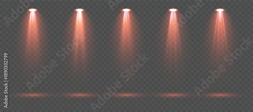 Bright red spotlight with focused glowing beam, atmospheric haze particles and luminous halo isolated on transparent background perfect for dramatic stage scenes and expressive vector compositions
