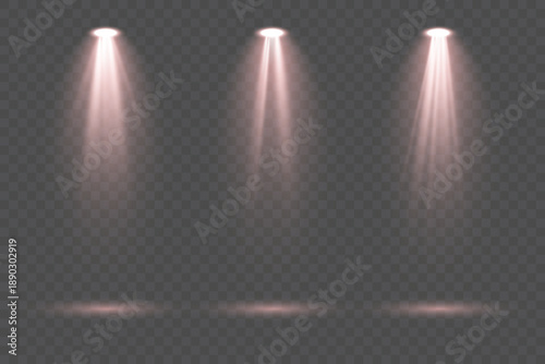 Set of red spotlights with powerful illumination beams and diffused glowing rays isolated on transparent background perfect for dramatic stage lighting design, presentation highlights and professional