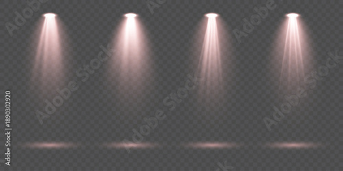 Collection of bright red scene illumination effects with realistic stage spotlights, glowing crimson beams and soft atmospheric rays isolated on transparent background ideal for concert lighting, thea