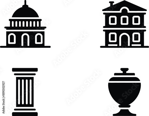 Black and white icons of buildings and ancient columns and urn