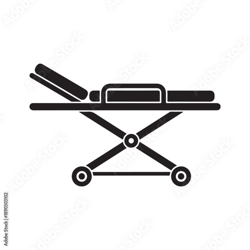 Medical gurney or stretcher with wheels, black icon