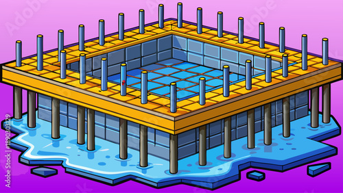 Very beautiful wet concrete poured over steel rebar forms a strong foundation, highlighting modern construction processes and industrial building strength.