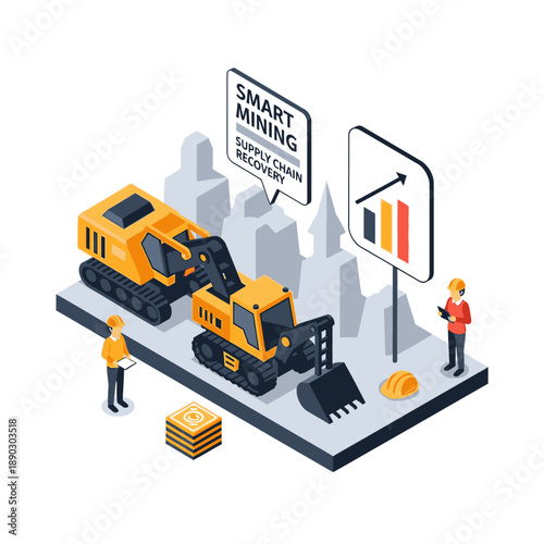 Isometric illustration of smart mining technology with excavators and data analysis.