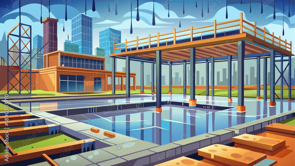 Fototapeta premium Very beautiful wet concrete poured over steel rebar forms a strong foundation, highlighting modern construction processes and industrial building strength.