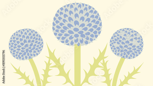Three blue dandelion flowers with green stems and thorns on a cream background