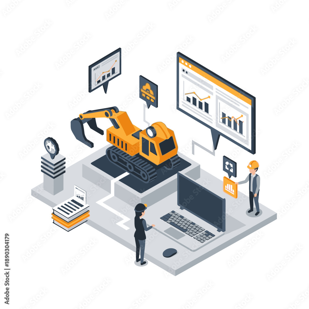 Obraz premium Isometric illustration of heavy machinery operation and data analysis.