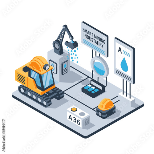 Smart Mining Industry Infographic with Excavator and Data Visualization.