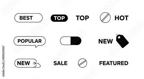 Set of various promotional tags and badges like 'Best', 'Top', 'Hot', 'Popular', 'New', 'Sale', and 'Featured' on a white background