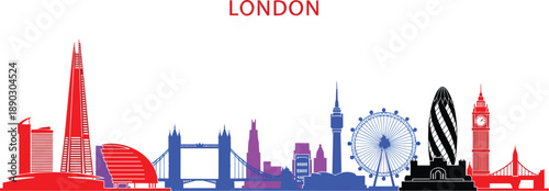 London skyline illustration with iconic landmarks in red blue and purple colors isolated white background modern vector design