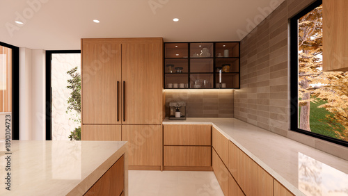 Tableau sur toile Minimalist kitchen interior with wood cabinetry and open shelving – 3D render