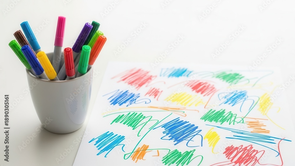 Fototapeta premium Colorful marker set with doodle art on paper for creative design projects
