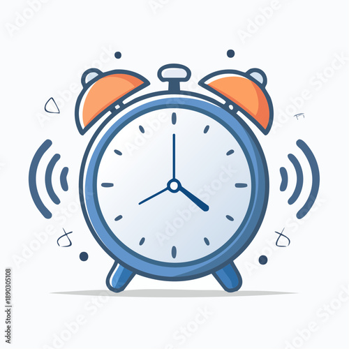 A charming cartoon style illustration of a traditional blue alarm clock, actively ringing with sound waves, perfect for conveying concepts of urgency, punctuality, and daily wake-up routines