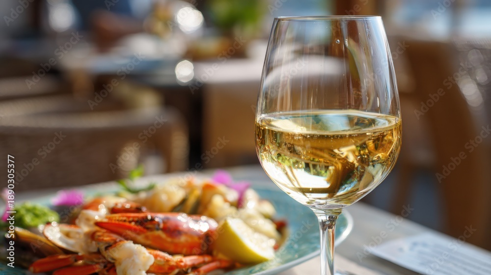 Naklejka premium A beautifully arranged seafood platter featuring shrimp and other delicacies sits on a table beside a glass of white wine. The warm ambiance of a coastal restaurant enhances the dining experience.