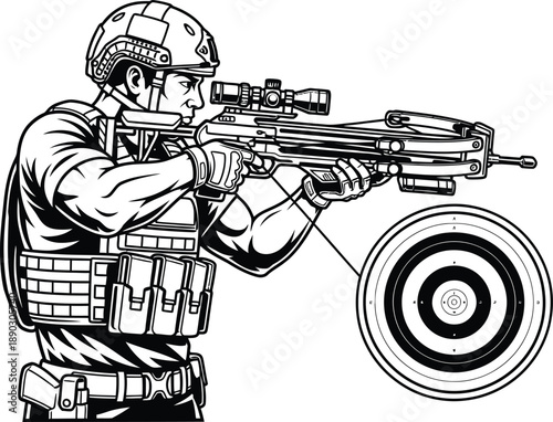 Crossbow Shooting Player Black and White Vector 