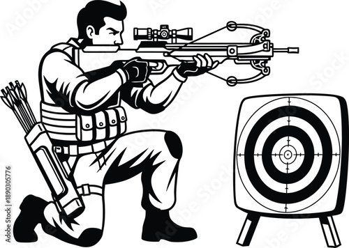 Crossbow Shooting Player Black and White Vector 