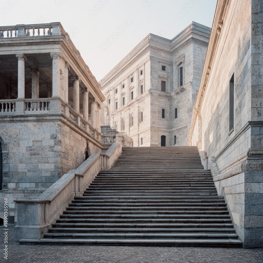 Fototapeta premium A grand, classical stone building with intricate architecture, featuring a grand staircase leading up to a large, open space with a clear blue sky in the background.