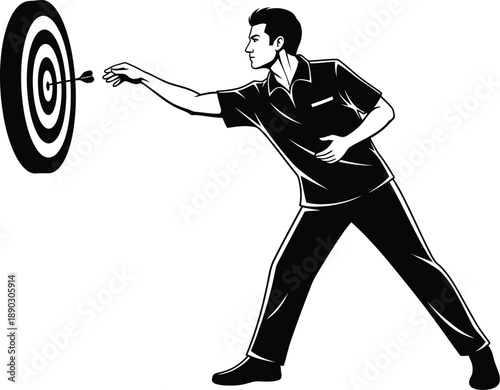 Dart Throwing Player Black and White Vector Illustration 