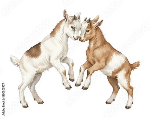 Two adorable baby goats standing on hind legs playfully touching heads with a cheerful happy mood watercolor illustration