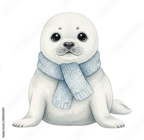Cute adorable baby seal pup wearing a blue knitted scarf sitting looking forward with innocent big eyes