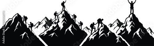 Mountain climbing silhouette set of hikers reaching summit, outdoor adventure team building concept, flat vector illustration for architectural landscape cad drawing